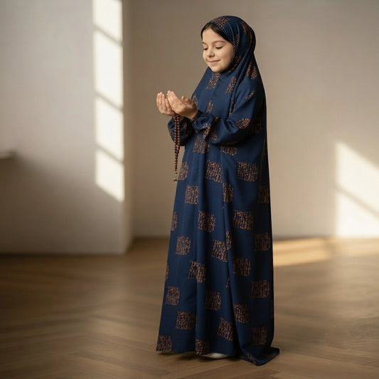 Navy Kids Arabic Namaz Chaddar Full Coverage Prayer Dress for Girls with Elastic Sleeves