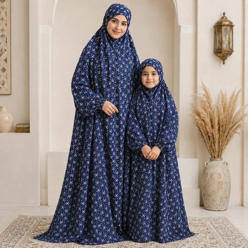 Navy Blue Mother and Daughter Matching Namaz Chaddar Set with Attached Veils and Full Coverage Design