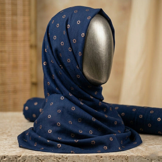 navy blue lawn hijab with gold floral foil breathable summer hijab pakistan
