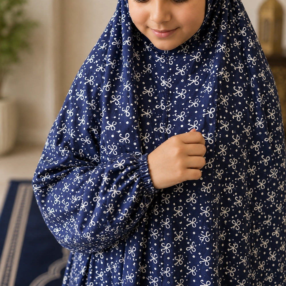 Navy Blue Printed Kids Namaz Chaddar for Girls closeup of Elastic Sleeves