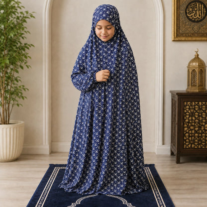 Navy Blue Printed Kids Namaz Chaddar for Girls Elastic Sleeves