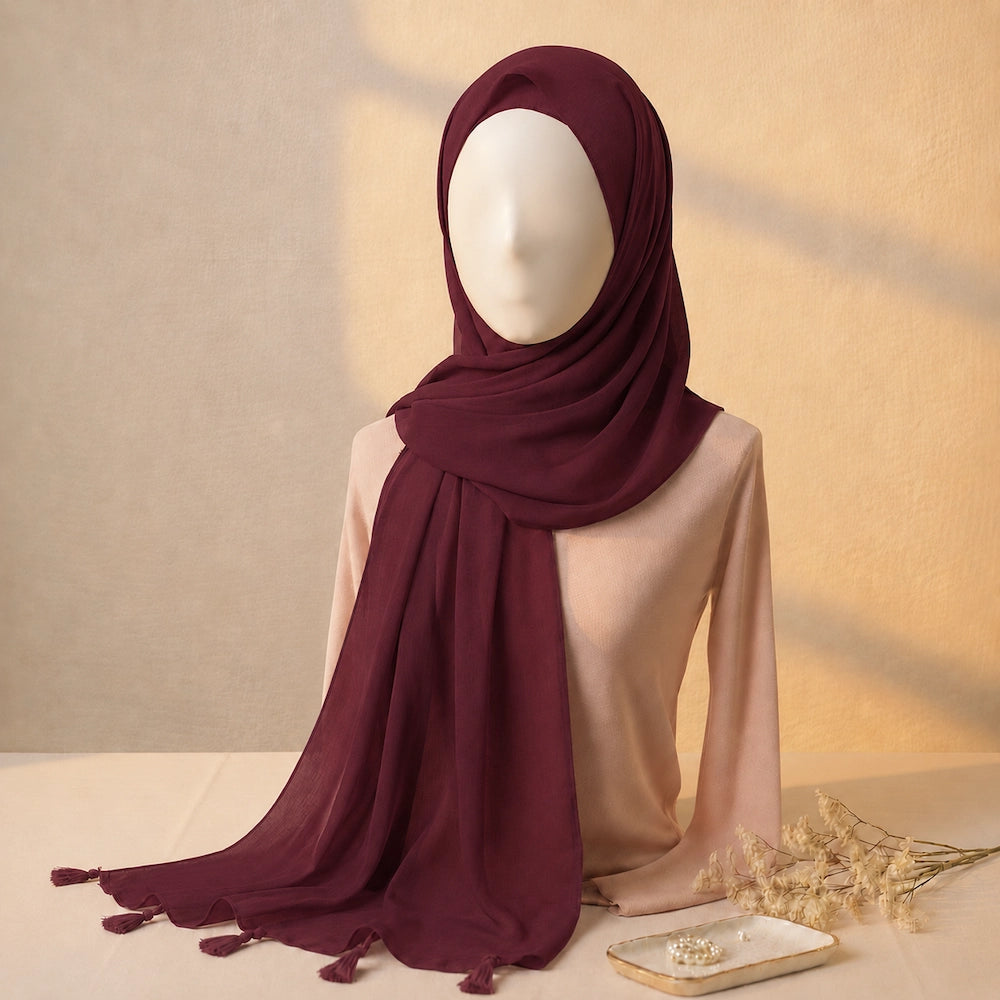 Plum brown lawn tassel hijab with premium breathable lawn fabric and tassel border detailing
