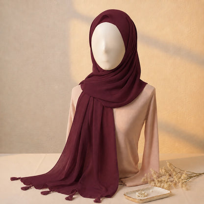 Plum brown lawn tassel hijab with premium breathable lawn fabric and tassel border detailing