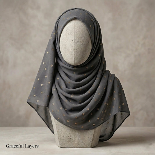 charcoal grey lawn hijab with gold floral foil lightweight hijab pakistan
