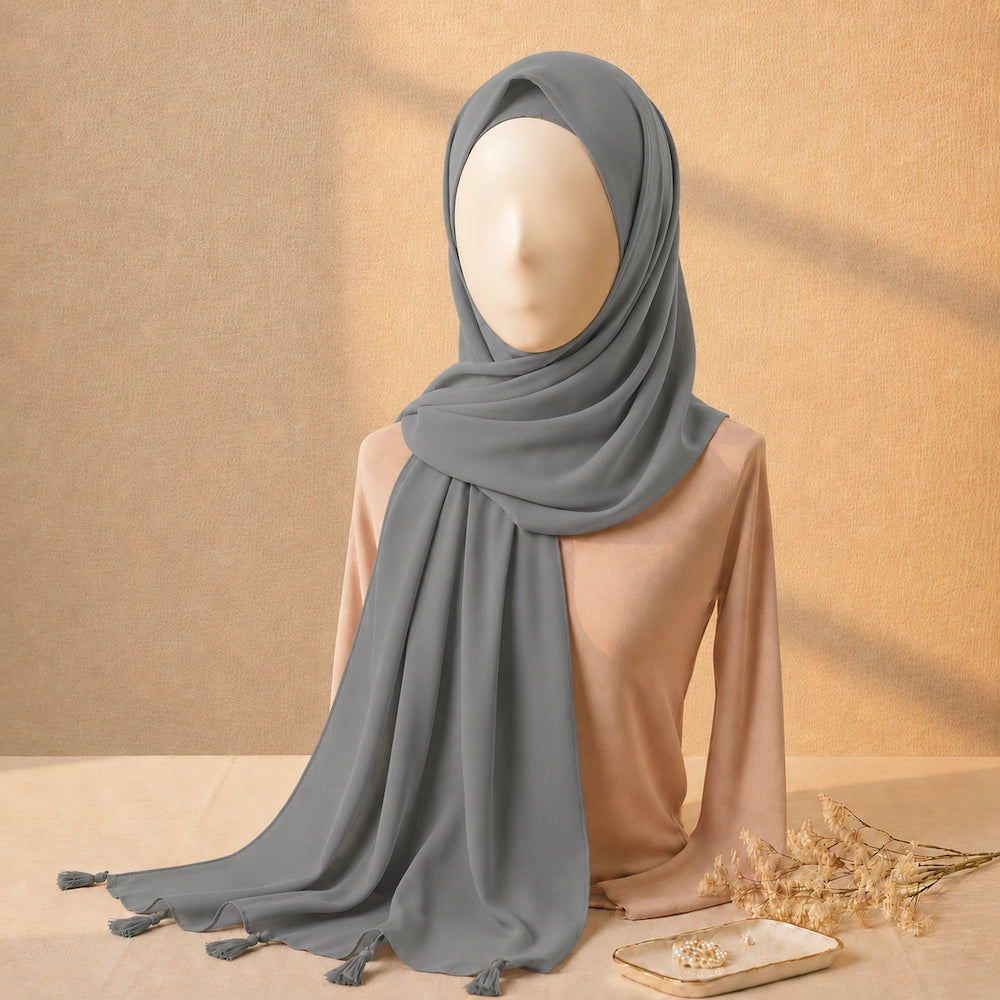 Charcoal grey lawn tassel hijab with breathable lawn fabric and tassel border