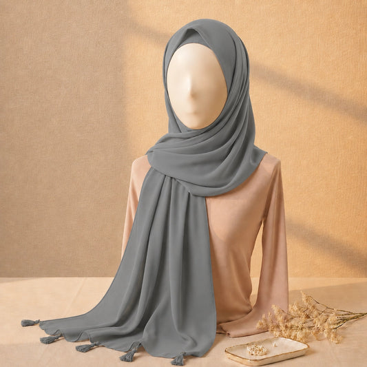 Charcoal grey lawn tassel hijab with breathable lawn fabric and tassel border