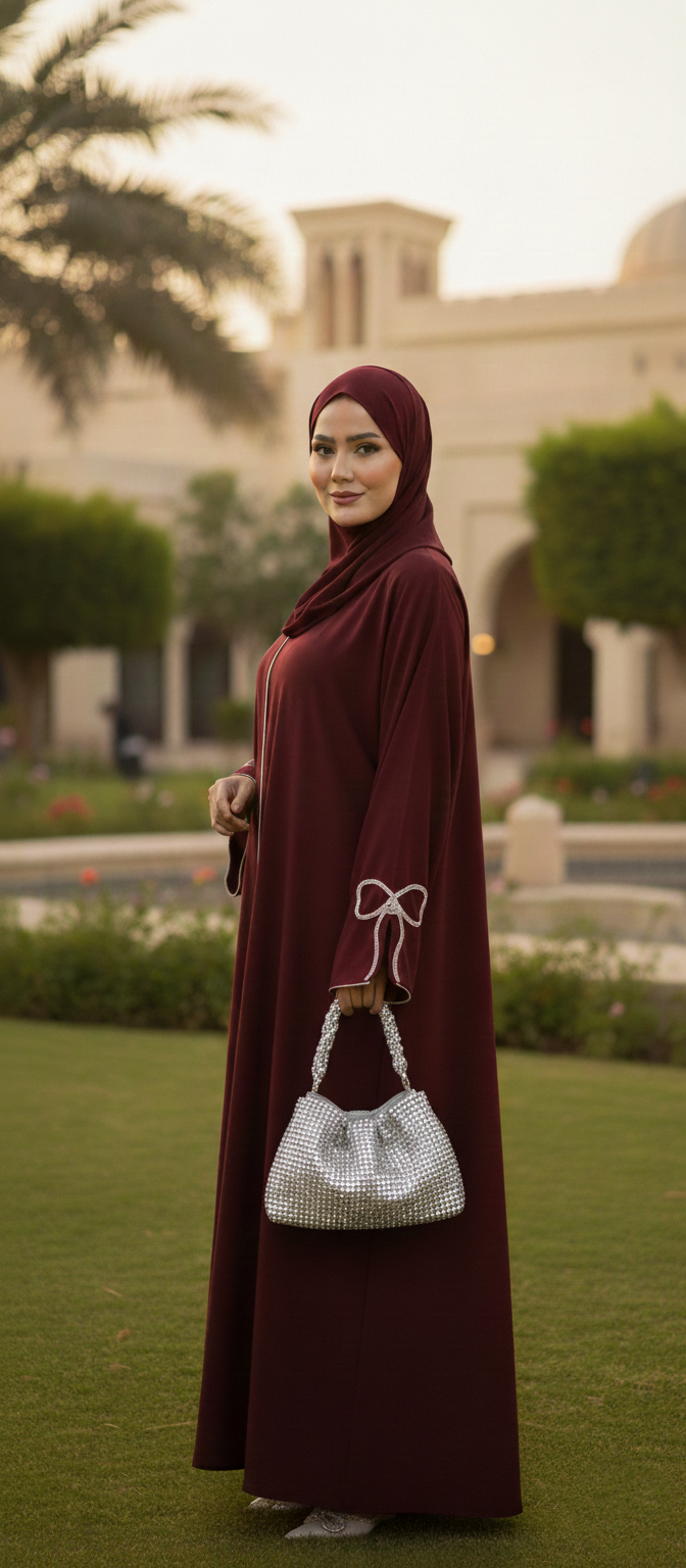 Rosewood Abaya with Silver Bow Sleeves