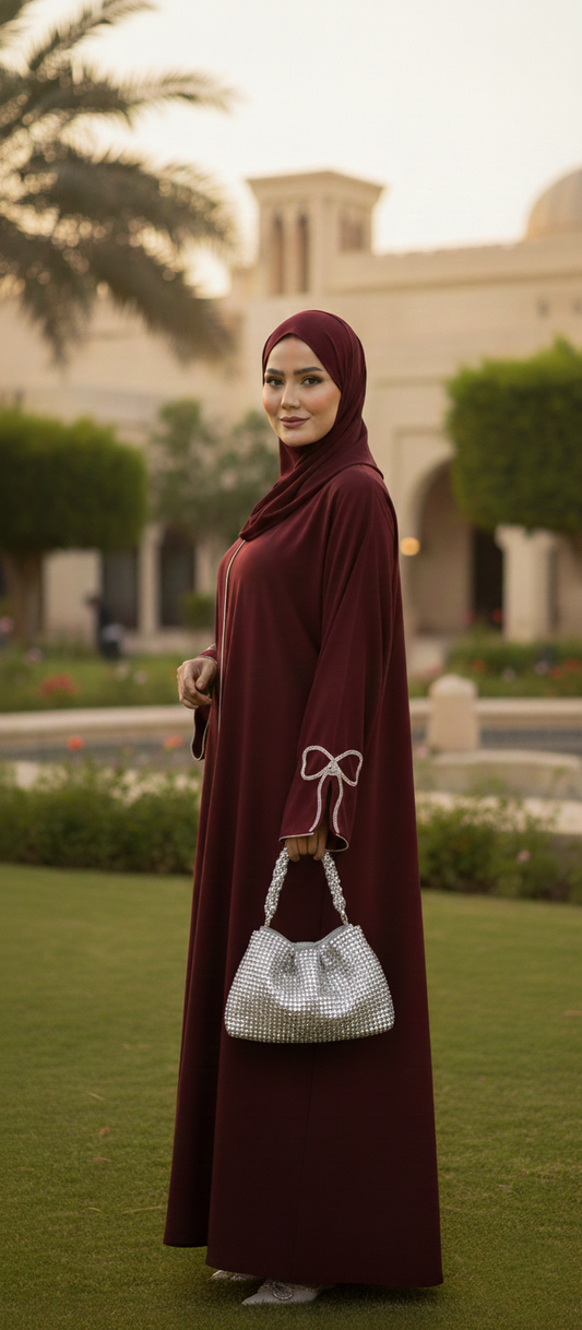 Rosewood Abaya with Silver Bow Sleeves
