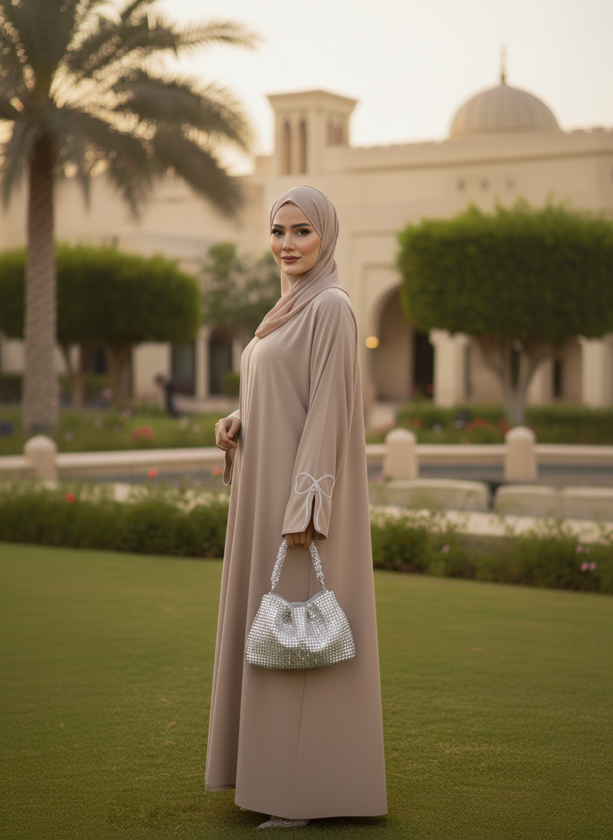 Latte Beige Abaya with Silver Bow Sleeves