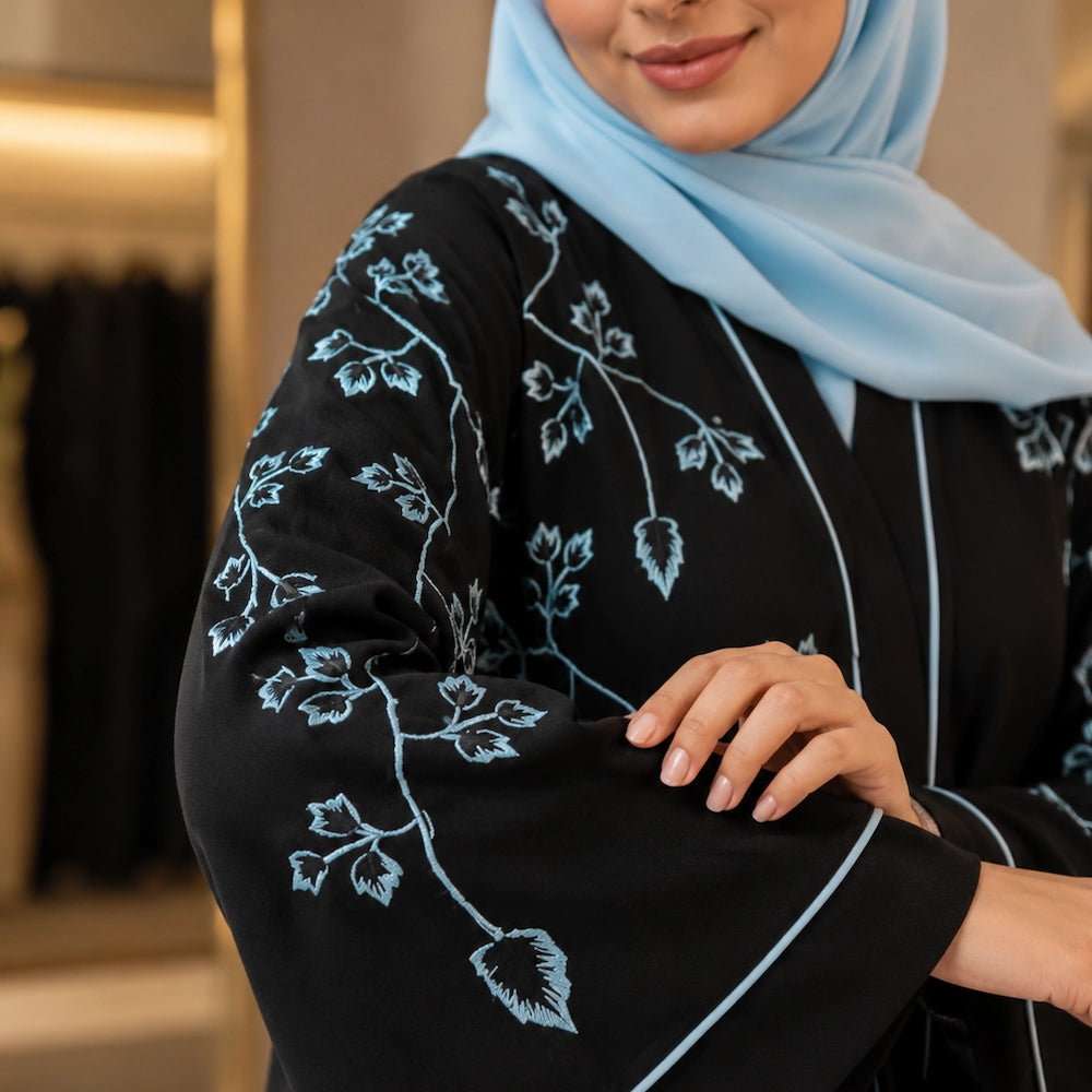 Black front open abaya with sky blue embroidery and matching embroidered hijab  