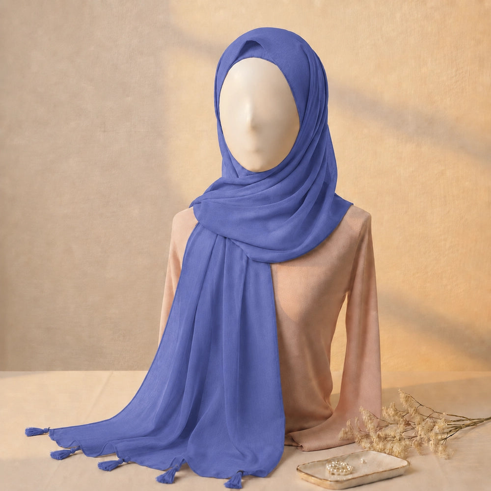 Cobalt blue lawn tassel hijab with premium lawn fabric and tassel details