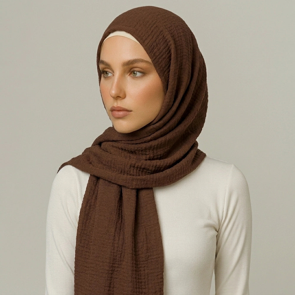 Cocoa Glow Crimps Hijab – Warm Brown Textured Hijab