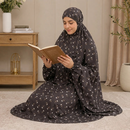 Women's Floral Namaz Chaddar One Piece Prayer Dress with Attached Hood and Full Coverage