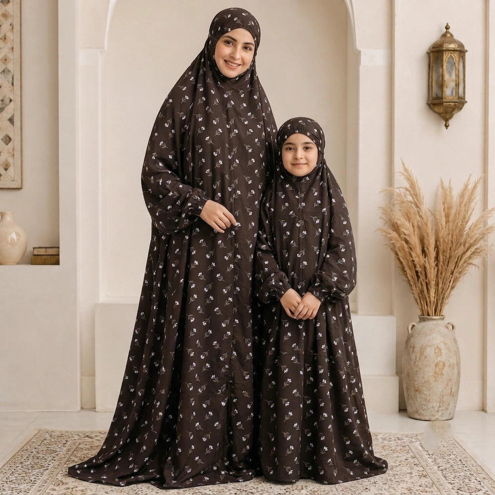 Mother and Daughter Floral Namaz Chaddar Matching Prayer Dress Set with Full Coverage