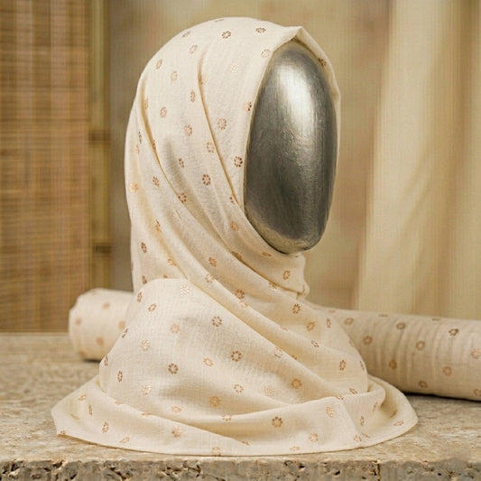 ivory cream lawn hijab with gold floral foil elegant breathable hijab pakistan
