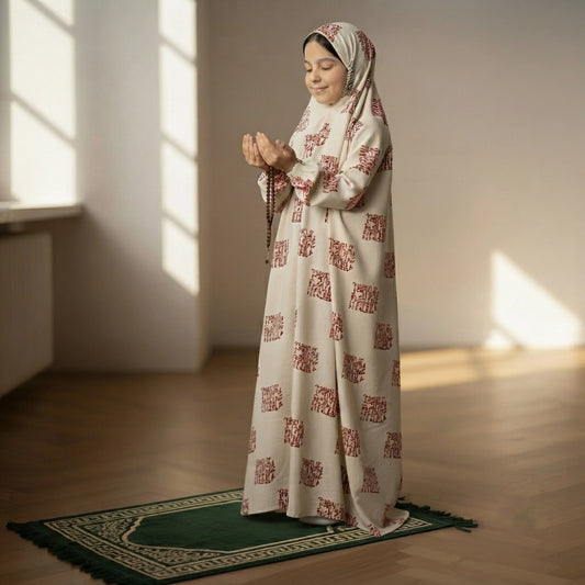 Cream Kids Arabic Namaz Chaddar Prayer Dress for Girls with Attached Hood and Full Coverage