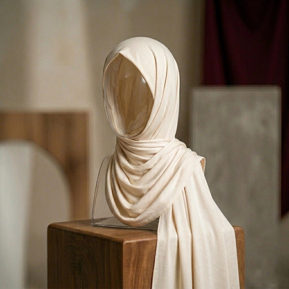 Cream ivory silk hijab with glowing finish elegant look
