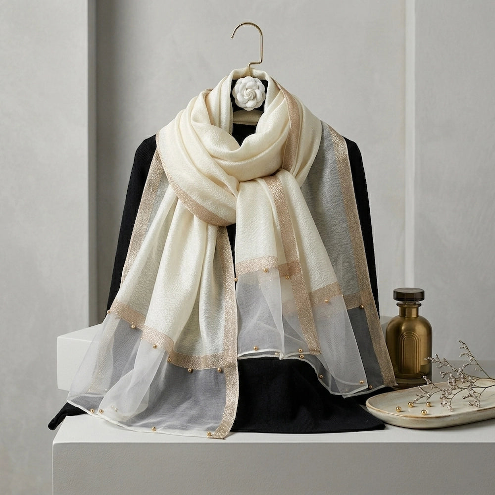 Cream organza hijab gold pearl embellishments luxury hijab Pakistan
