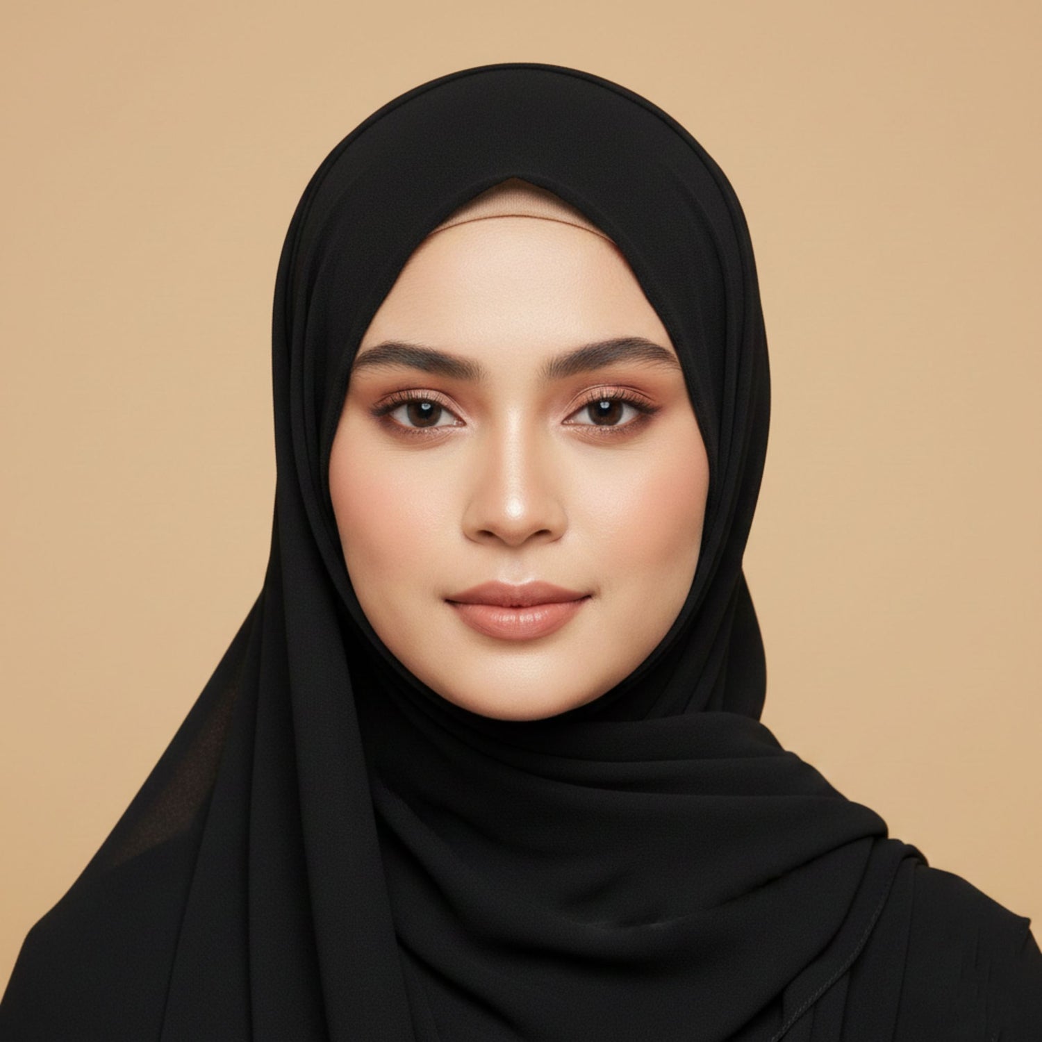 Woman wearing Black Georgette Hijab, elegant modest styling, lightweight and comfortable for everyday wear

