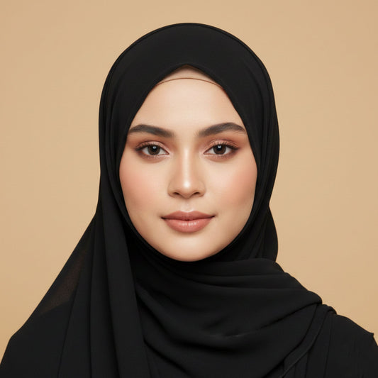 Woman wearing Black Georgette Hijab, elegant modest styling, lightweight and comfortable for everyday wear
