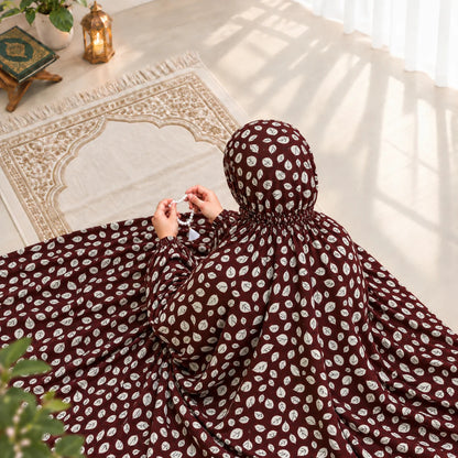 Maroon ladies Namaz Chaddar with white leaf print, attached veil and elastic at the back of the head