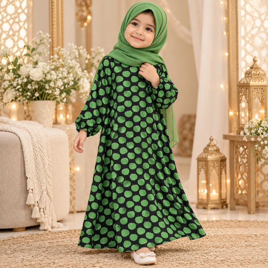 Girl wearing a black abaya with green apple print, elastic cuffs and a flared hem, styled with a green hijab.