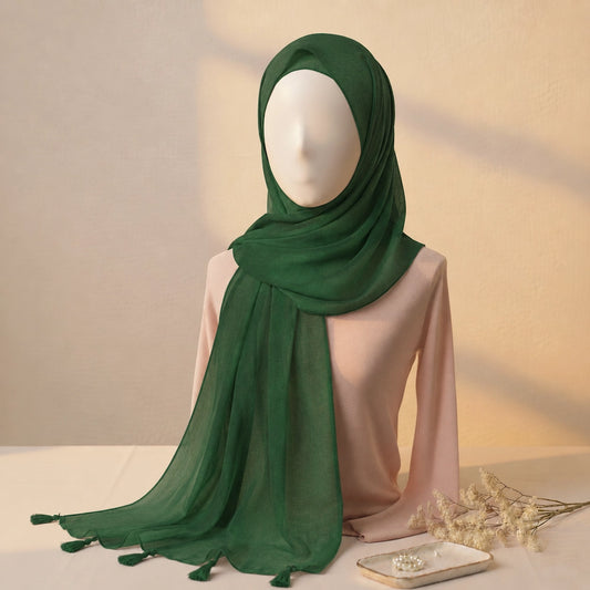Emerald lawn tassels hijab lightweight breathable modest scarf with tassel edges Graceful Layers