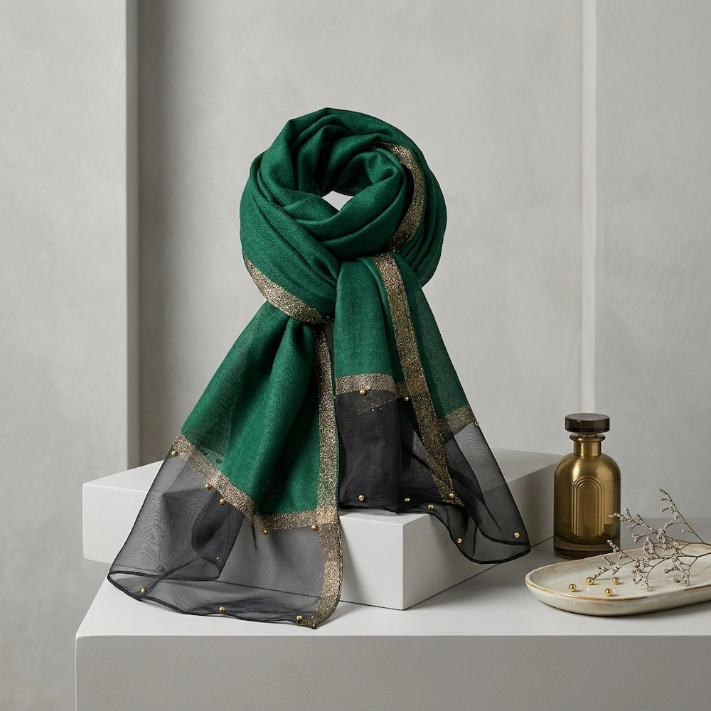 Green organza hijab black border gold pearl luxury hijab Pakistan
