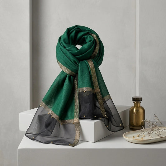 Green organza hijab black border gold pearl luxury hijab Pakistan
