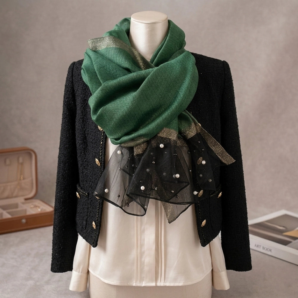 Green organza hijab with pearl embellishments and black border from Imperial Pearl Organza hijab collection

