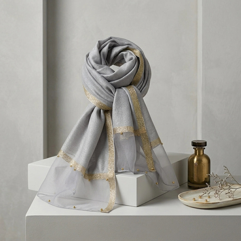 Grey organza hijab gold pearl embellishments luxury hijab Pakistan
