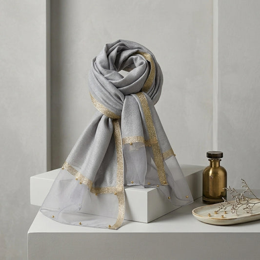 Grey organza hijab gold pearl embellishments luxury hijab Pakistan
