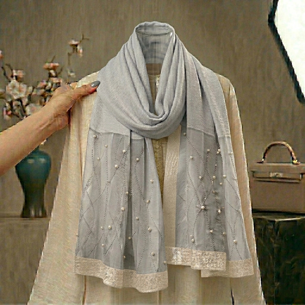 Grey luxury peal hijab by graceful layer.
