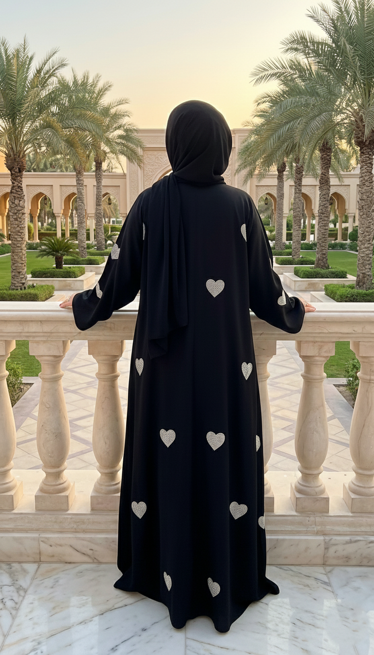 Back view of women wearing Black Heart Abaya with silver heart embroidery by Graceful Layers.