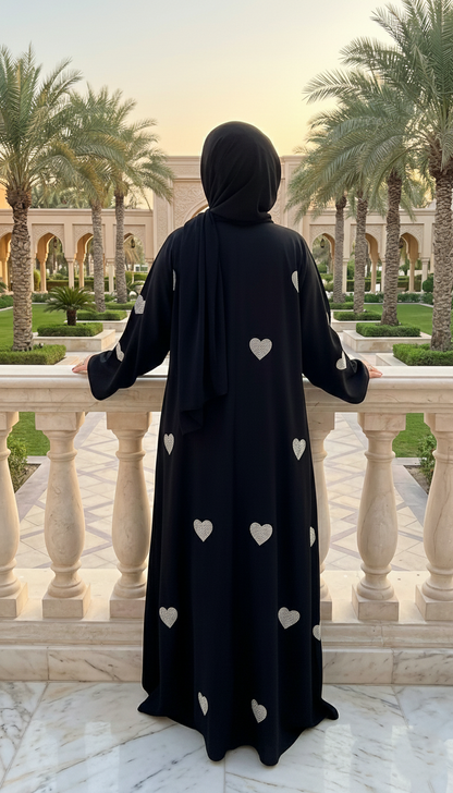 Back view of women wearing Black Heart Abaya with silver heart embroidery by Graceful Layers.