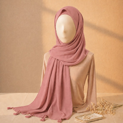 Ice pink lawn tassel hijab with lightweight breathable lawn fabric