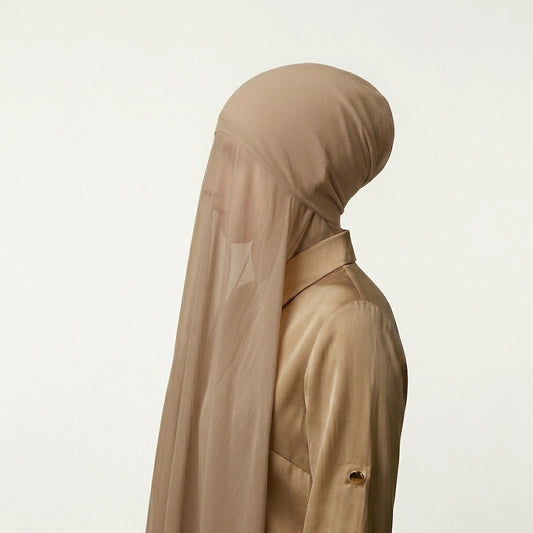 Beige instant georgette hijab with attached cotton jersey tube cap ready to wear modest hijab for women