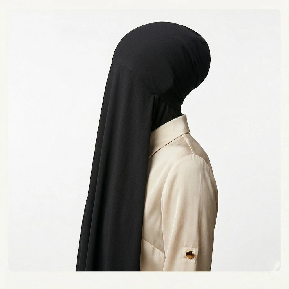 Black instant georgette hijab with attached cotton jersey tube cap ready to wear modest hijab for women