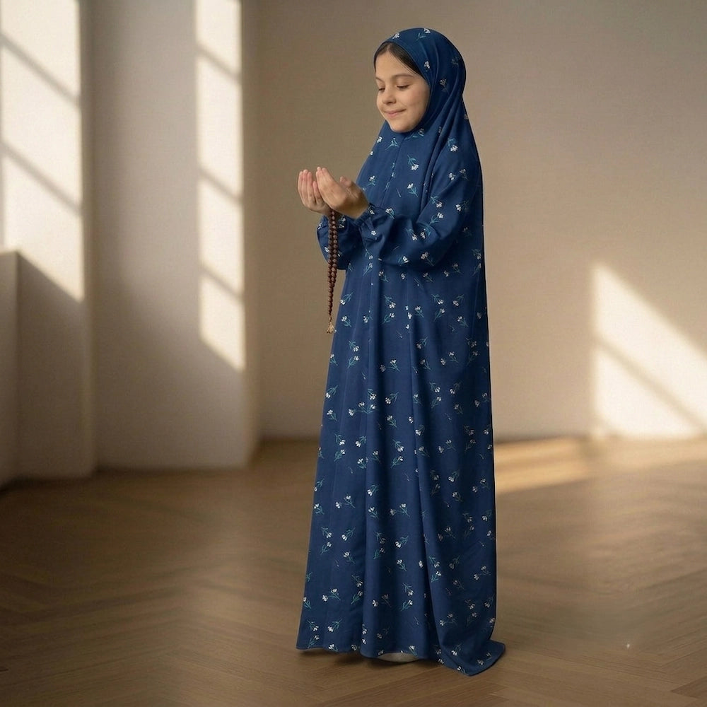 kids namaz chaddar in blue with white patterns
