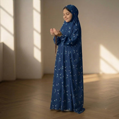 kids namaz chaddar in blue with white patterns