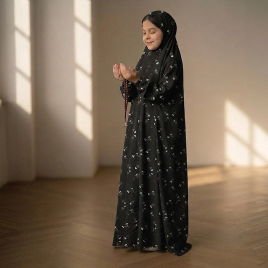 Black Blue Floral Kids Namaz Chaddar – Modest Prayer Dress for Girls