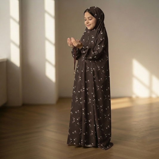 Kids Floral Namaz Chaddar Prayer Dress for Girls with Full Coverage and Elastic Sleeves