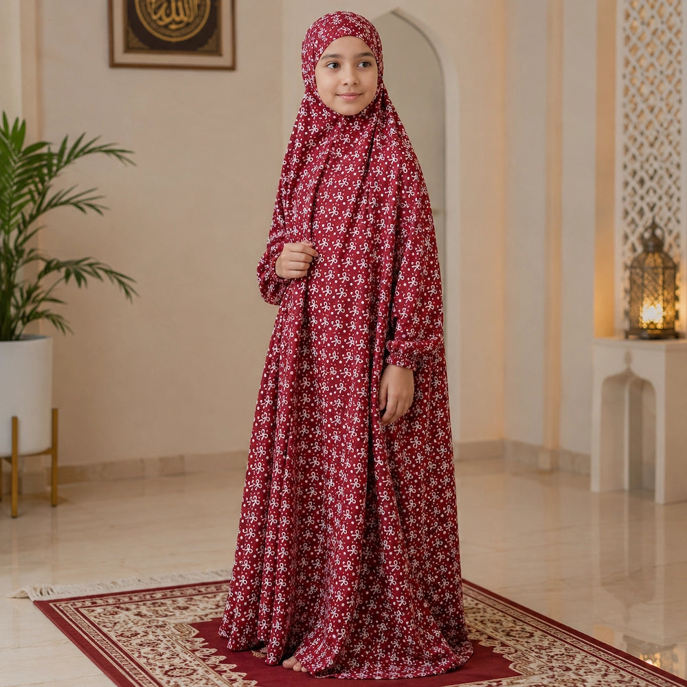 Maroon Printed Kids Namaz Chaddar for Girls with Attached Veil and Elastic Sleeves