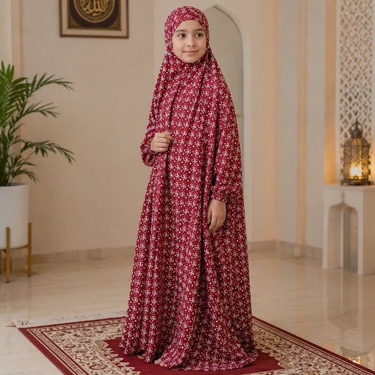 Maroon Printed Kids Namaz Chaddar for Girls with Attached Veil and Elastic Sleeves
