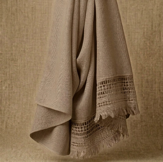 Beige lawn hijab with lace border and fringe edges soft drape
