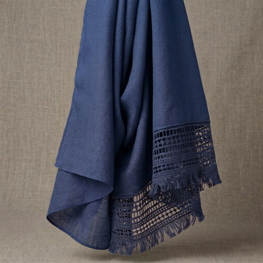 Navy blue lawn hijab with lace border and fringe edges
