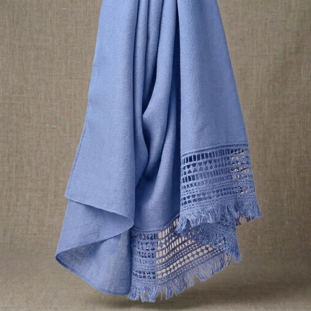 Ocean blue lawn hijab with elegant lace border fringe detail
