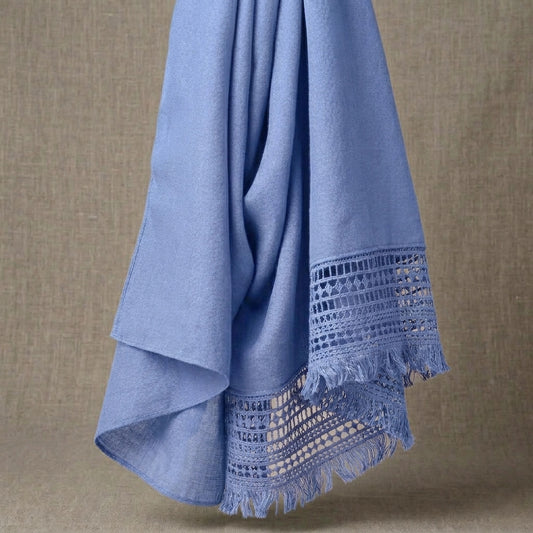 Ocean blue lawn hijab with elegant lace border fringe detail
