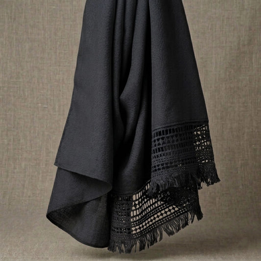 Black lawn hijab with elegant lace border and fringe edges

