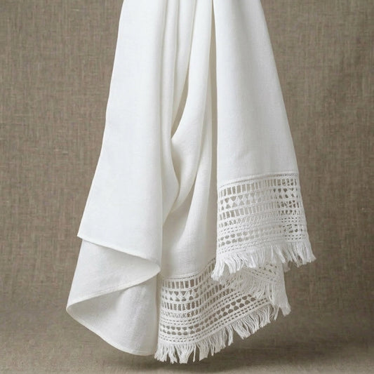White lawn hijab with lace border and fringe edges soft drape
